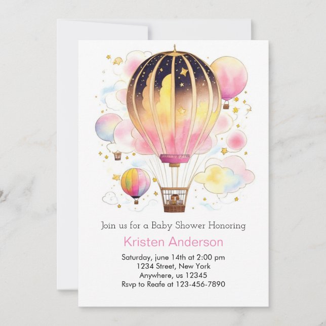 Invitation Baby shower d'aventure rose Up and Away (Devant)