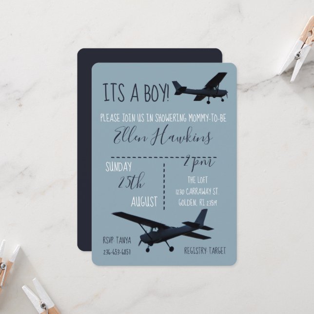 Invitation Baby shower d'avion (Devant/Arrière en situation)