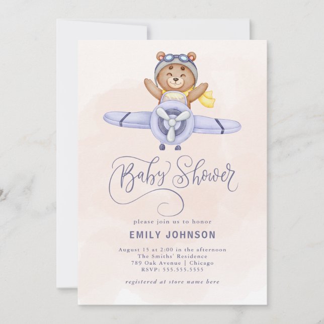 Invitation Baby shower d'avion aquarelle (Devant)