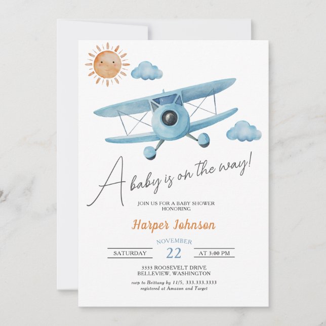 Invitation Baby shower d'avion bleu (Devant)