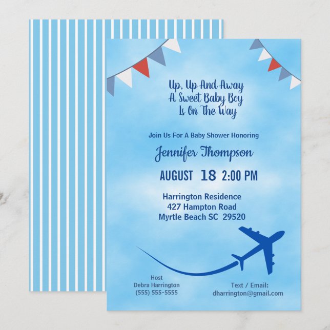 Invitation Baby shower d'avion Blue Boy's (Devant / Derrière)
