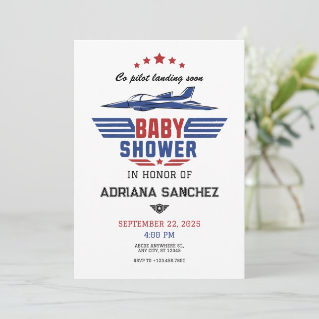 Invitation Baby shower d'avion de chasse du pilote (Debout devant)