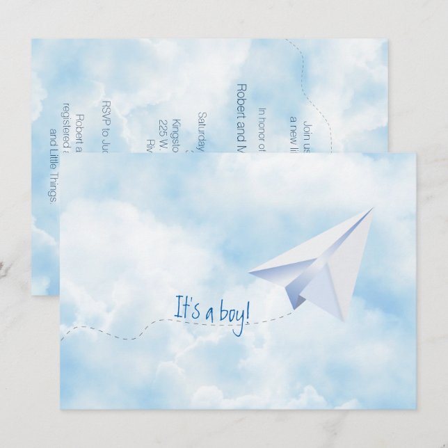 Invitation Baby shower d'avion papier (Devant / Derrière)