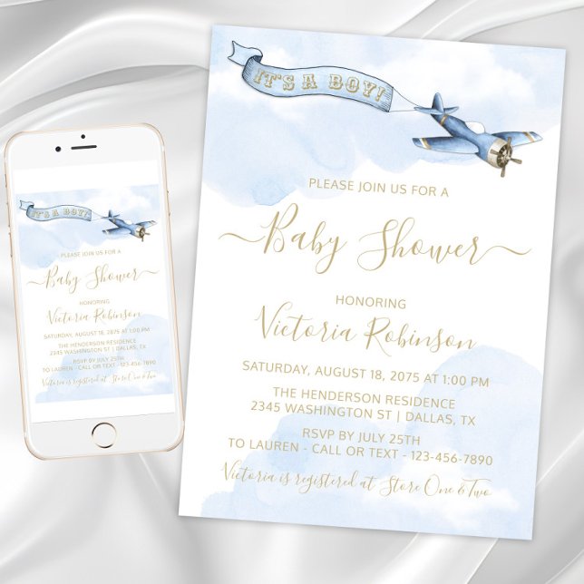 Invitation Baby shower d'avion Vintage garçon (Baby blue and gold vintage airplane invitations. Instant download and printed invitations available.)