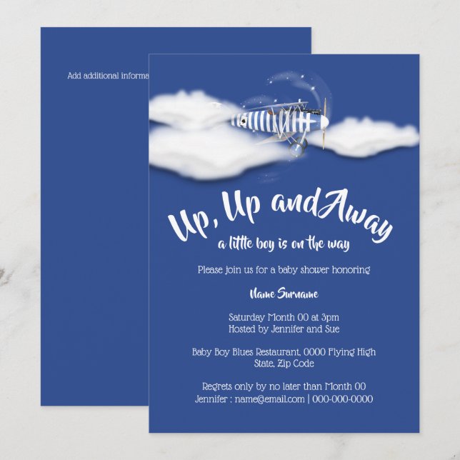 Invitation baby shower d'avion Voyage boys blue (Devant / Derrière)