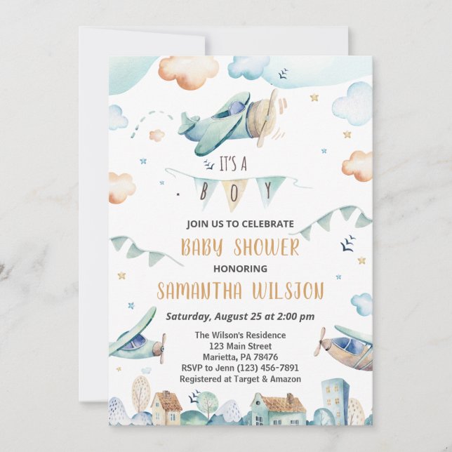 Invitation Baby shower d'avions caricaturaux aquarelle (Devant)