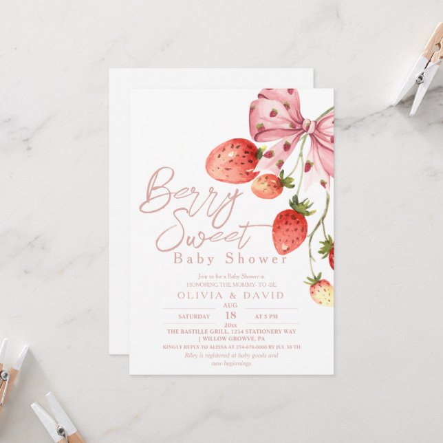 Invitation Baby shower de baies sucrées minimaux Fraise Invit (Devant/Arrière en situation)