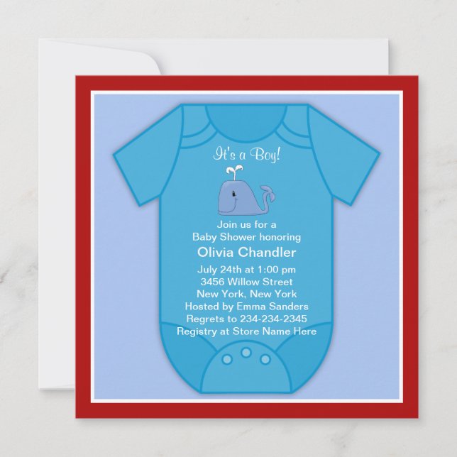 Invitation Baby shower de baleine bleu rouge (Devant)