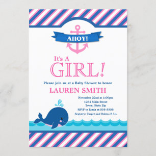Invitation Baby shower de baleine Fille rose