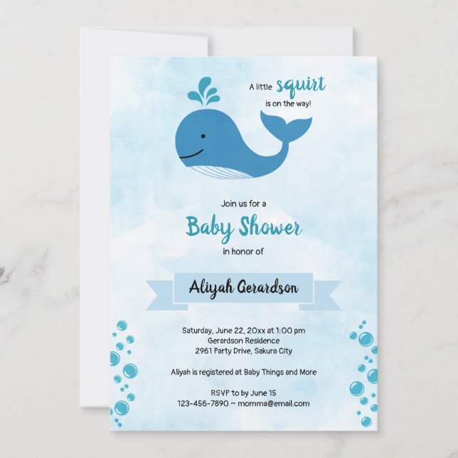 Invitation Baby shower de baleines à petit écureui (Devant)