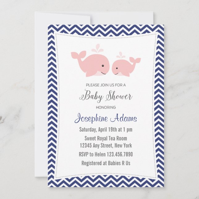 Invitation Baby shower de baleines bleu marine ros (Devant)