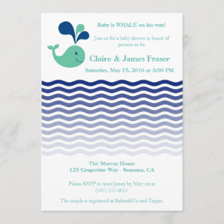 Invitation Baby shower de baleines bleues et vertes