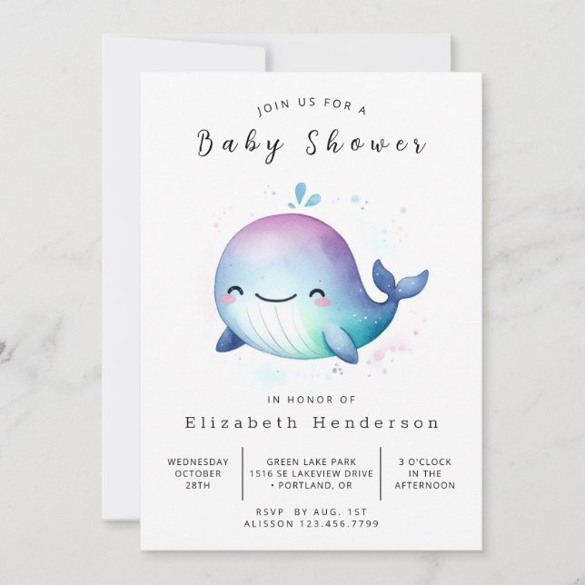 Invitation Baby shower de baleines éditable Pastel (Devant)