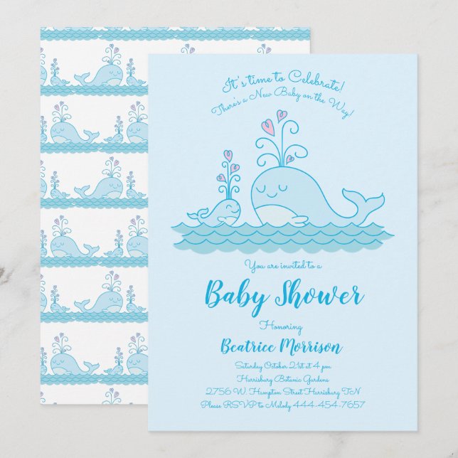 Invitation Baby shower de baleines mignonne Océan bleu neutre (Devant / Derrière)