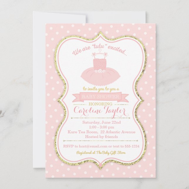 Invitation Baby shower de ballet Tutu rose et or (Devant)
