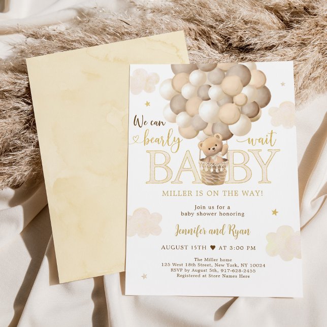 Invitation Baby shower de ballon à air chaud Gold Teddy Bear (Créateur téléchargé)
