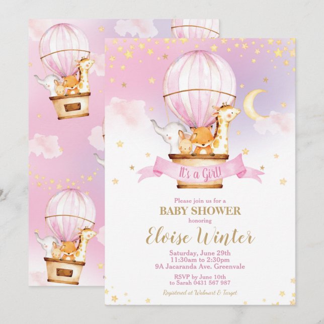 Invitation Baby shower de ballon à air chaud Jungle Animaux F (Devant / Derrière)