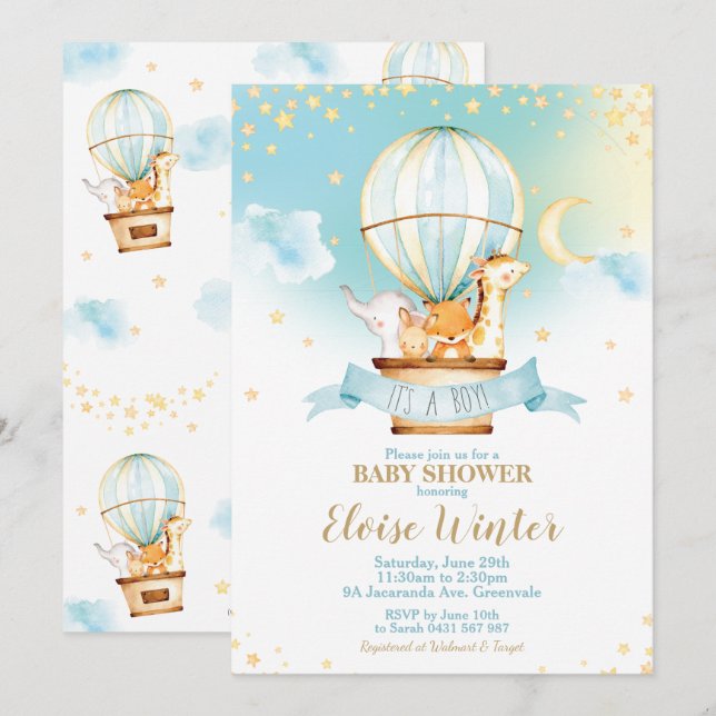 Invitation Baby shower de ballon à air chaud Jungle Animaux G (Devant / Derrière)