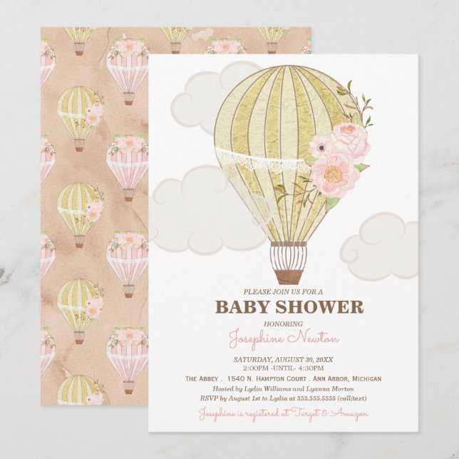 Invitation Baby shower de ballon à air chaud or et rose (Devant / Derrière)