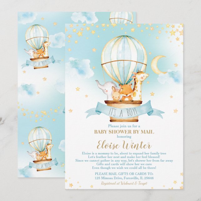 Invitation Baby shower de ballon à air chaud par Mail Jungle  (Devant / Derrière)