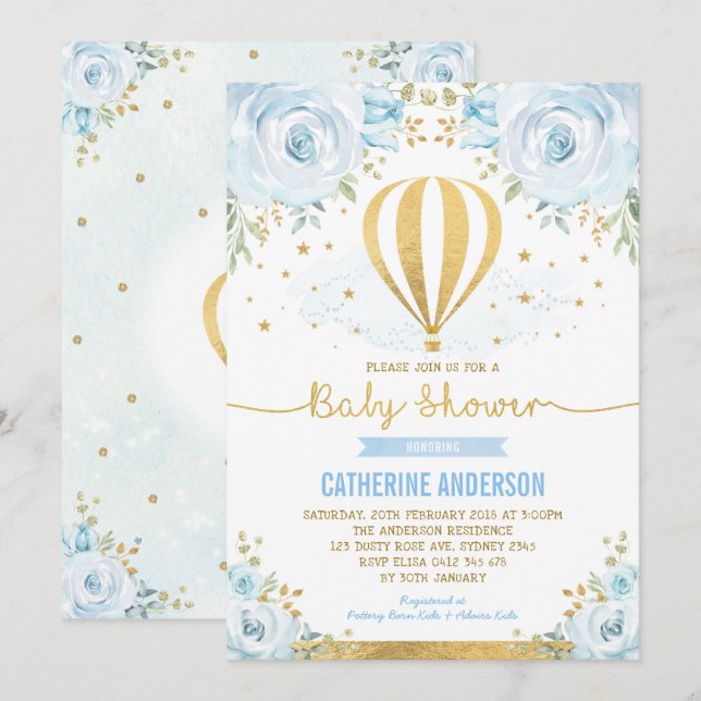 Invitation Baby shower de ballon à air chaud Pastel Blue Flor (Devant / Derrière)