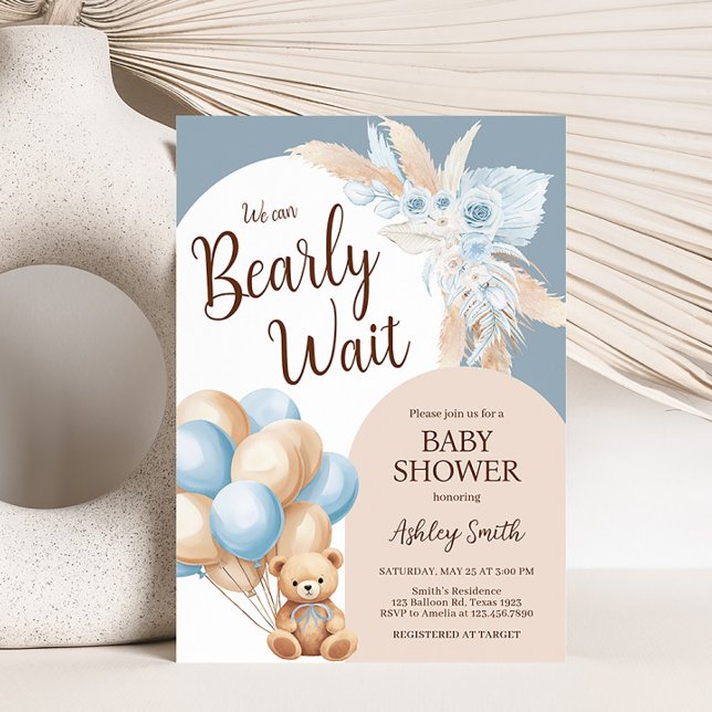 Invitation Baby shower de ballon bleu de l'ours Boho (Boy Bear Arch Balloon Baby Shower Invitation)