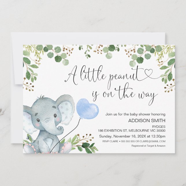 Invitation Baby shower de ballon bleu petit arachide éléphant (Devant)