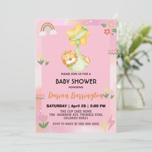 Invitation Baby shower de ballon de fleurs mignonne lion (Debout devant)
