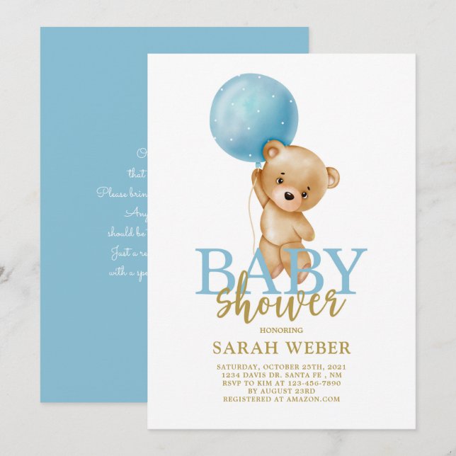 Invitation Baby shower de ballon de l'ours en peluche (Devant / Derrière)