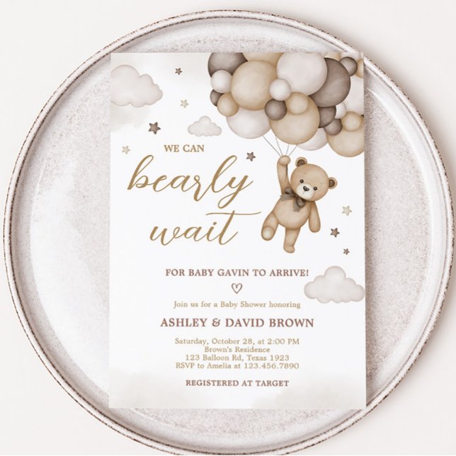 Invitation Baby shower de ballon d'ours Brown (Brown Boho Bear Baby Shower Invitation)