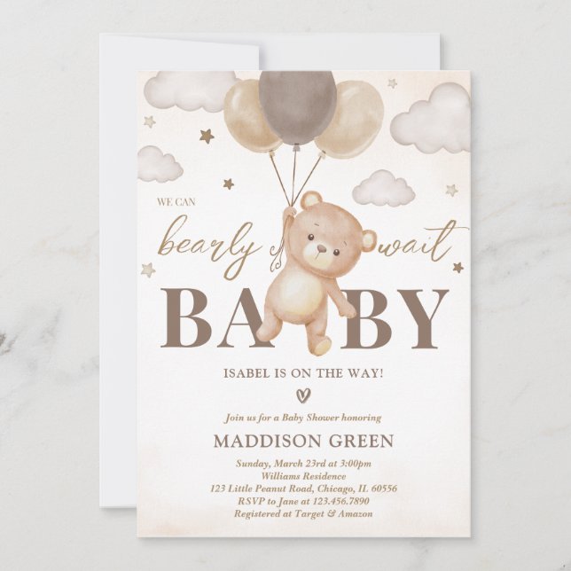 Invitation Baby shower de ballon d'ours Brown (Devant)