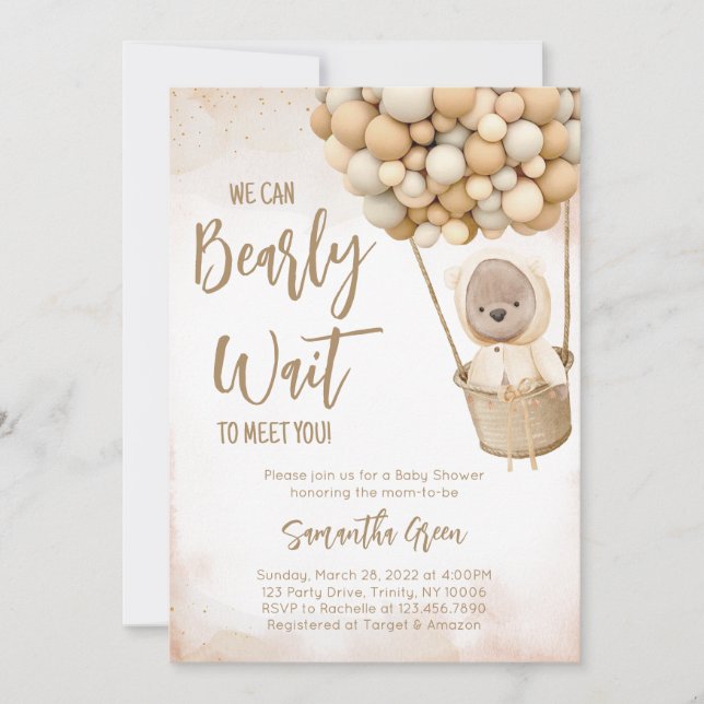 Invitation Baby shower de ballon d'ours Brown neutre selon le (Devant)