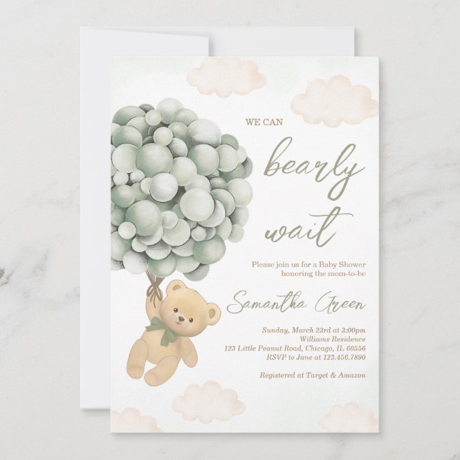 Invitation Baby shower de ballon d'ours vert (Devant)