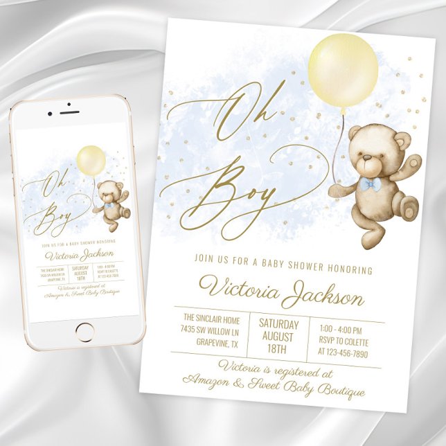 Invitation Baby shower de ballon Ours Garçon (Oh Boy baby shower invitation with bear and balloon. Available for instant download and print.)