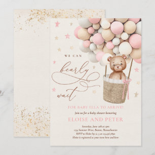 Invitation Baby shower de ballon rose Fille Teddy Ours