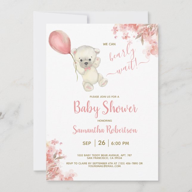 Invitation Baby shower de ballon rose floral Boho Teddy Bear (Devant)
