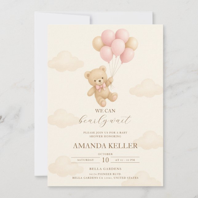 Invitation Baby shower de ballon rose ours en peluche (Devant)