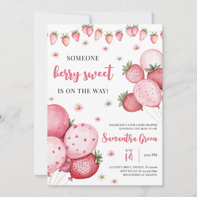 Invitation Baby shower de ballons aux fraises (Devant)