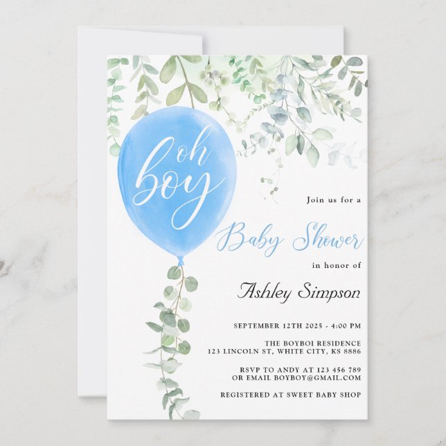 Invitation Baby shower de ballons bleu eucalyptus (Devant)