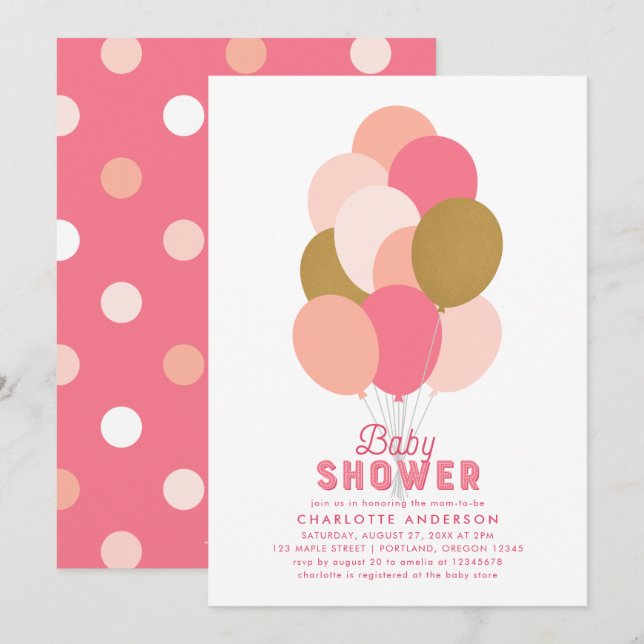 Invitation Baby shower de ballons d'or Faux rose vif (Devant / Derrière)
