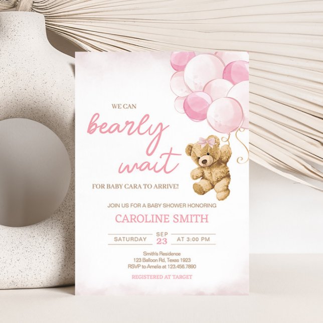 Invitation Baby shower de ballons d'ours en peluche rose (Pink Balloon Bear Baby Shower Invitation)