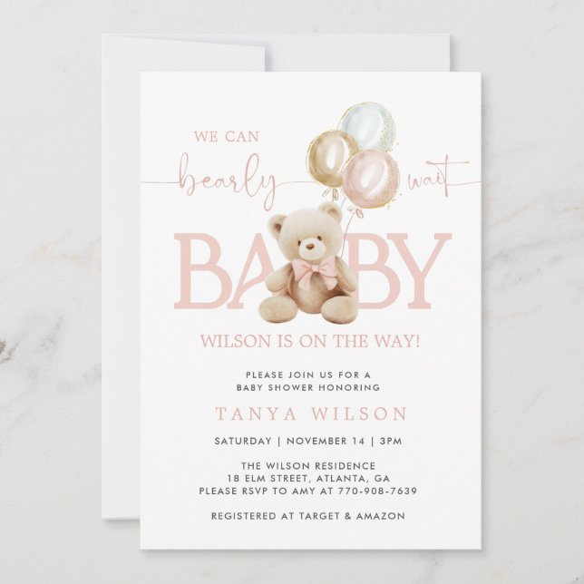 Invitation Baby shower de ballons d'ours en peluche rose (Devant)