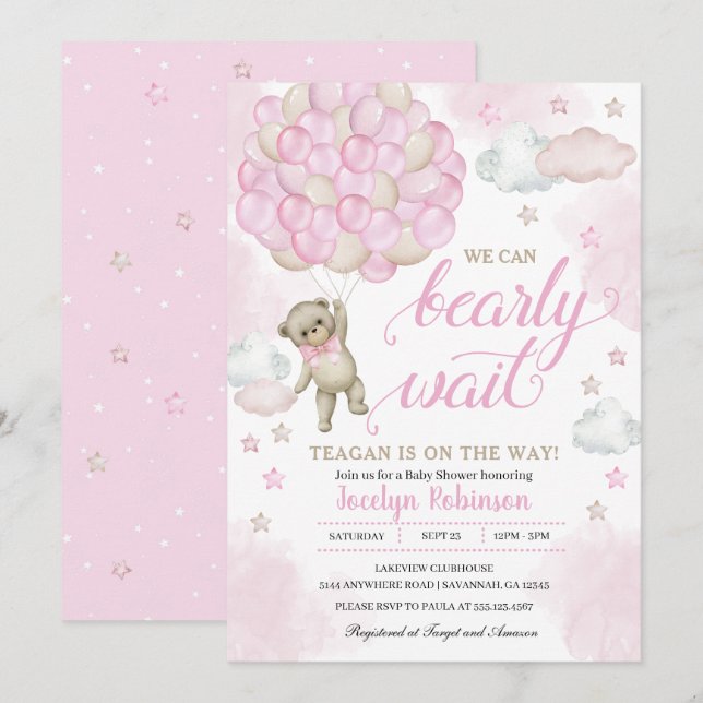 Invitation Baby shower de ballons d'ours en peluche rose (Devant / Derrière)