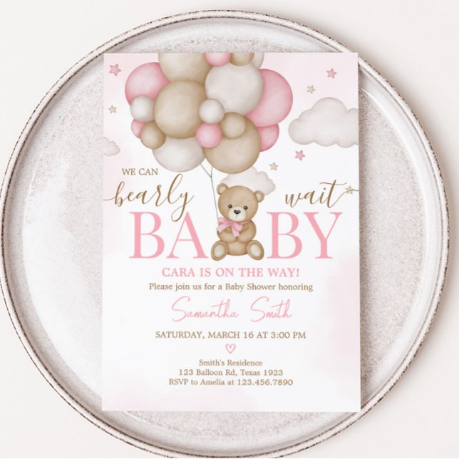 Invitation Baby shower de ballons pour filles (Pink Boho Bear Balloon Baby Shower Invitation)