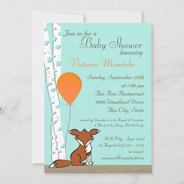 Invitation Baby shower de ballons renards et de bois de boule (Devant)