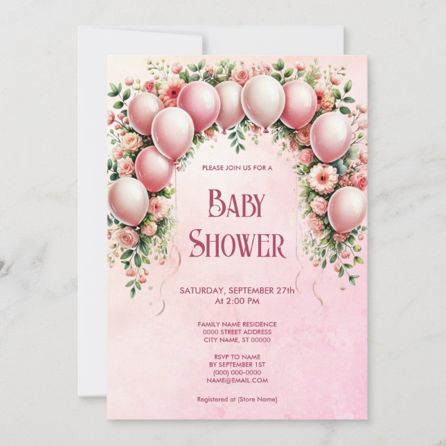 Invitation Baby shower de ballons roses (Devant)