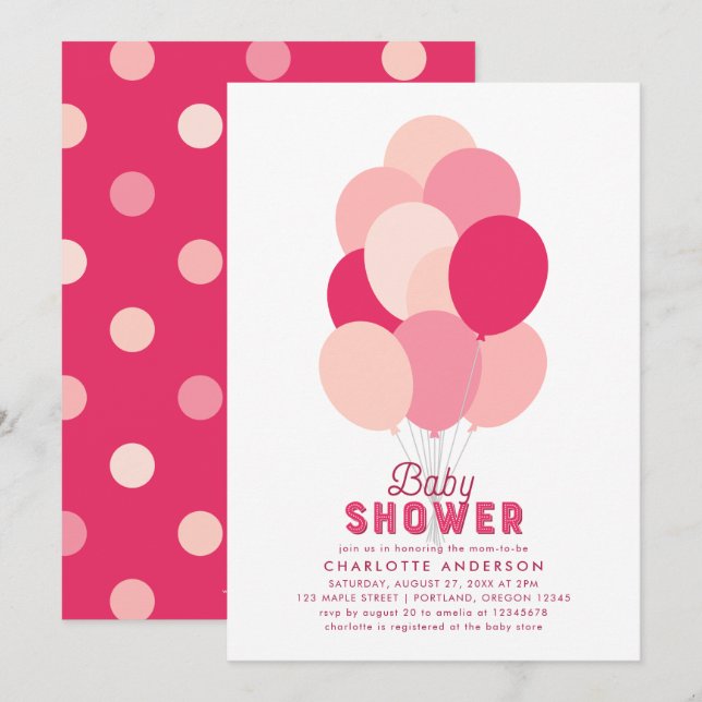 Invitation Baby shower de ballons roses (Devant / Derrière)