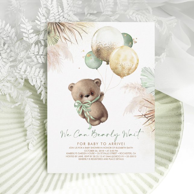Invitation Baby shower de ballons verts de l'ours Brown Sage (Créateur téléchargé)