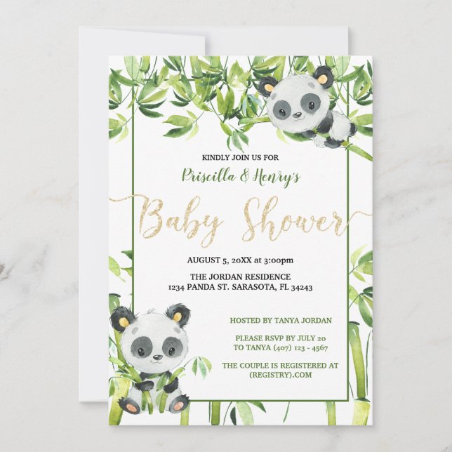 Invitation Baby shower de bambou vert Panda neutre pour les f (Devant)