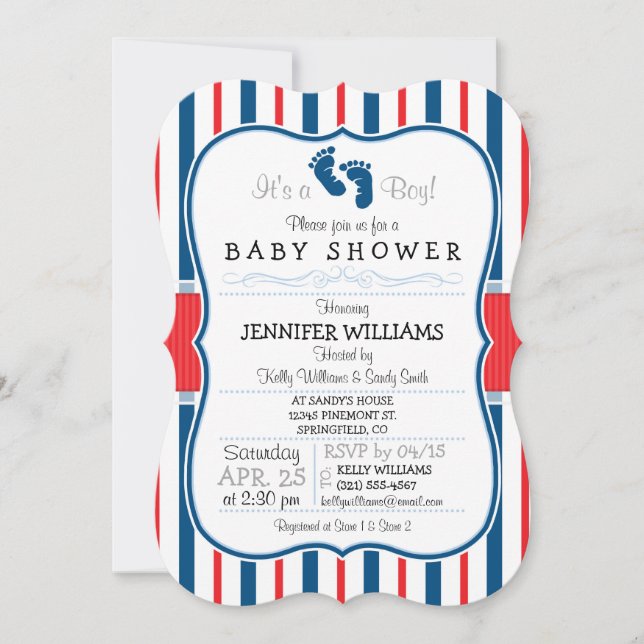 Invitation Baby shower de bandes rouge, blanc et bleu (Devant)